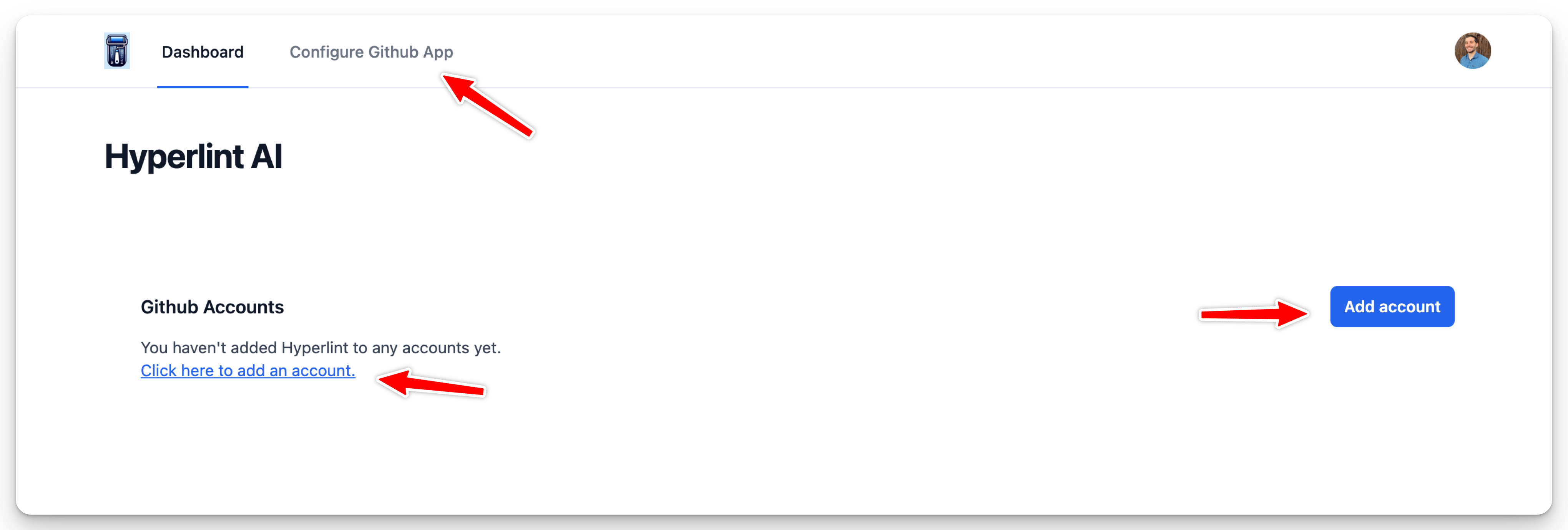 Hyperlint AI dashboard with 'Configure GitHub App' and 'Add account' options highlighted.
